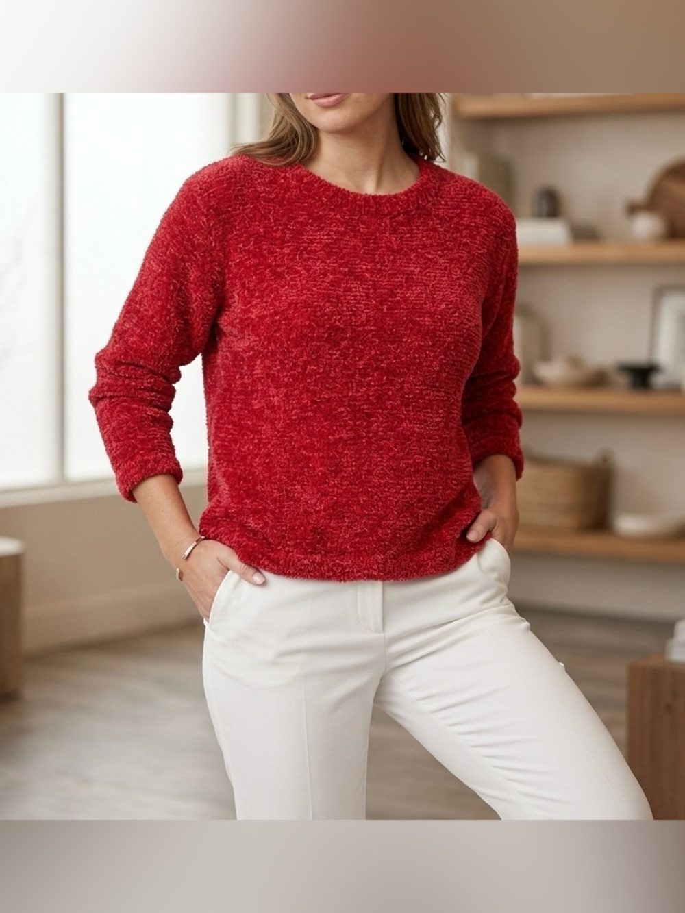 Vintage Sharon Endick KATE Red Fluffy Boucle Knit Sweater Top Y2K Size S/M 90s